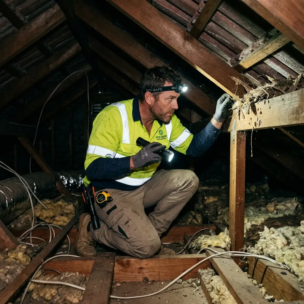 Technician inspecting a roof cavity for a dead animal in Yuroke