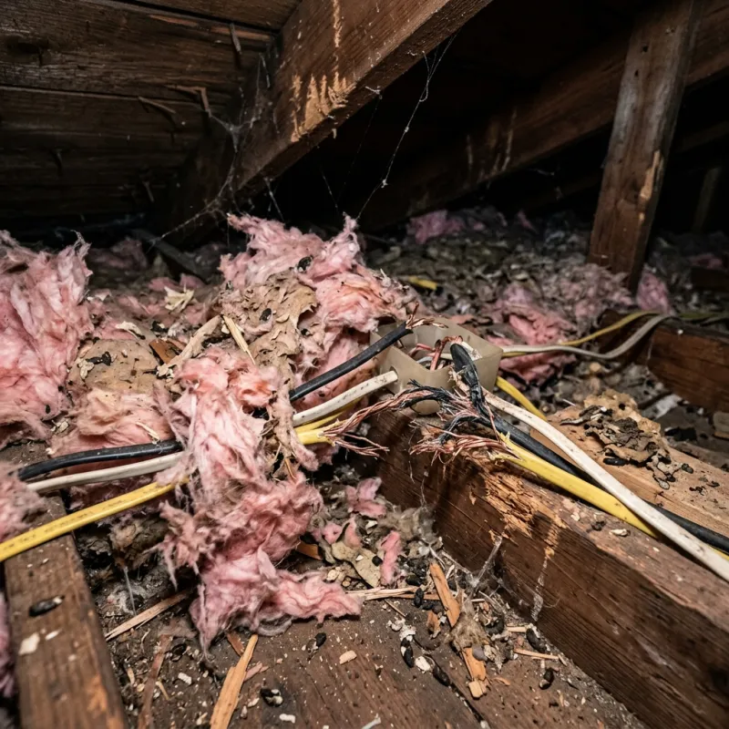 Contaminated ceiling insulation being assessed in a Yuroke roof space